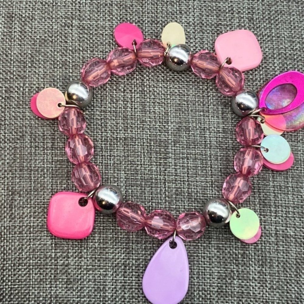 Dangle Stretch Bracelet Pink Purple Silver Faceted Iridescent Teardrop Barbie